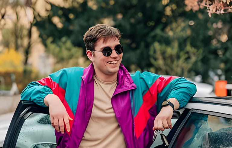 Smiling stylish young man in 80s vintage track suit stands near car in Wroclaw, Poland Smiling stylish young man in 80s vintage track suit stands near car in Wroclaw, Poland