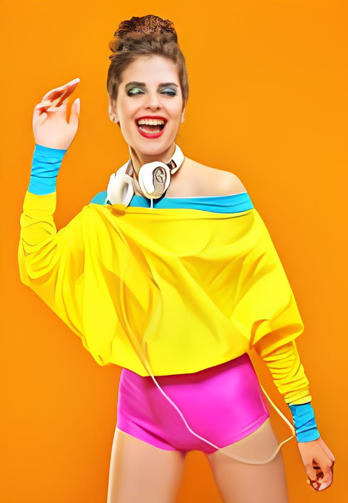 Emotional pretty girl in colorful clothes listening to music in headphones and dancing. Bright makeup and clothes. Active lifestyle, disco and party.