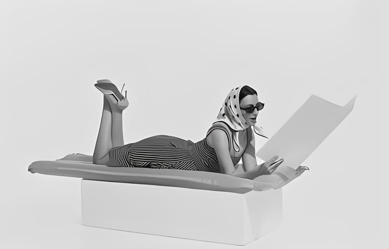 Summer vacation. Monochrome portrait of young beautiful woman lying on inflatable mattress and reading magazine. Retro vintage style, 70s, 80s fashion. Summer vacation. Monochrome portrait of young beautiful woman lying on inflatable mattress and reading magazine. Retro vintage style, 70s, 80s fashion.