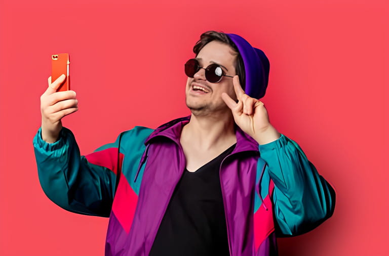 Funny guy in 80s style jacket and sunglasses make selfie on red backgorund Funny guy in 80s style jacket and sunglasses make selfie on red backgorund