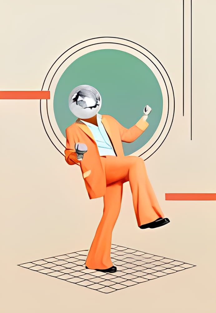 Collage photo of crazy energetic dancing disco ball man enjoy retro style party isolated on pastel geometry pattern background Collage photo of crazy energetic dancing disco ball man enjoy retro style party isolated on pastel geometry pattern background