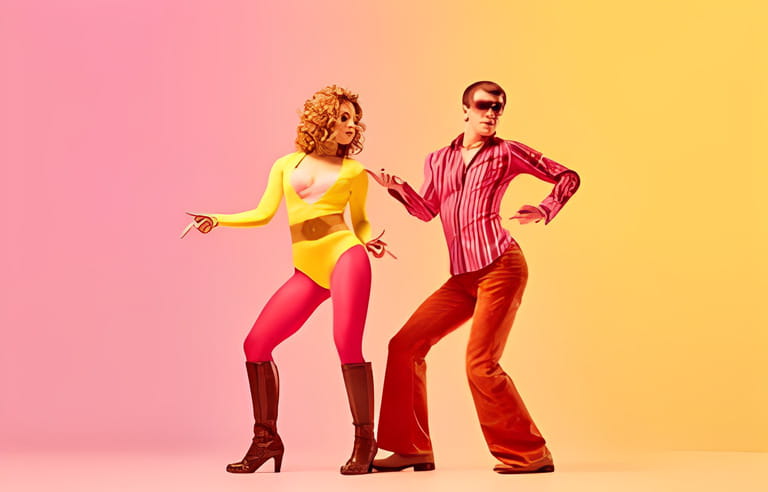 Rhythm and swing. Young stylish emotional man and woman, professional dancers in retro style clothes dancing disco dance over pink-yellow background. 1970s, 1980s fashion, music concept