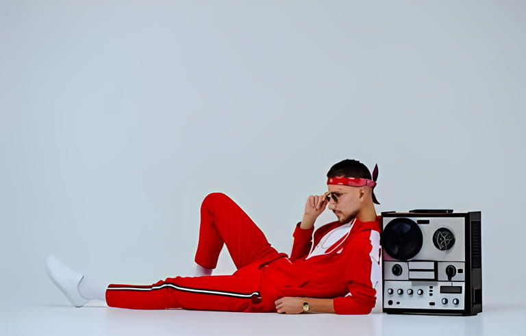 cheerful fashionable man wearing a red sports suit sitting with a retro tape recorder. cheerful fashionable man wearing a red sports suit sitting with a retro tape recorder.
