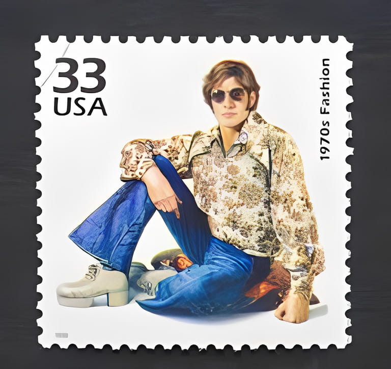 a postage stamp printed in USA showing an image of a man wearing seventies clothes a postage stamp printed in USA showing an image of a man wearing seventies clothes