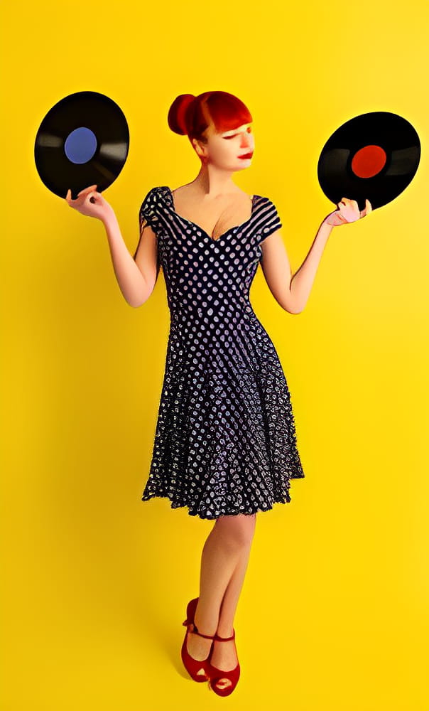 Pretty girl in retro dress in polka dot holding vinyl discs on a bright yellow background Pretty girl in retro dress in polka dot holding vinyl discs on a bright yellow background