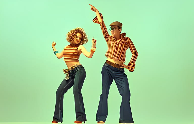 Happy and active dancers. Two excited people, man and woman in retro style clothes dancing disco dance over green background. 1970s, 1980s fashion, music, hippie lifestyle