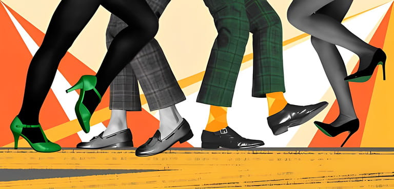 Party and leisure time. Male and female legs in shoes and heels over colorful background. People dancing. Concept of retro dance, vintage, hobby, creativity, inspiration. Colorful design. Party and leisure time. Male and female legs in shoes and heels over colorful background. People dancing. Concept of retro dance, vintage, hobby, creativity, inspiration. Colorful design.