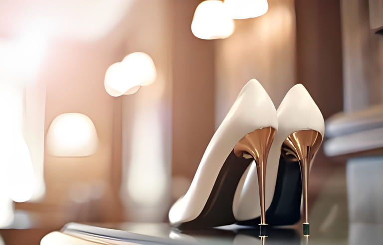 Beautiful bride tall and thin gold stiletto heels. Luxurious designer wedding shoes on the table.