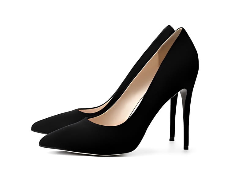 Side view of black suede high heel shoes isolated on white