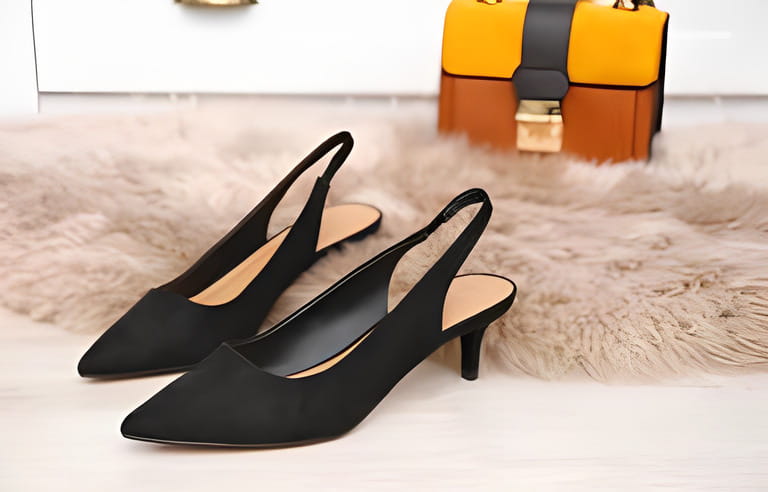 Pair of elegant female shoes on floor