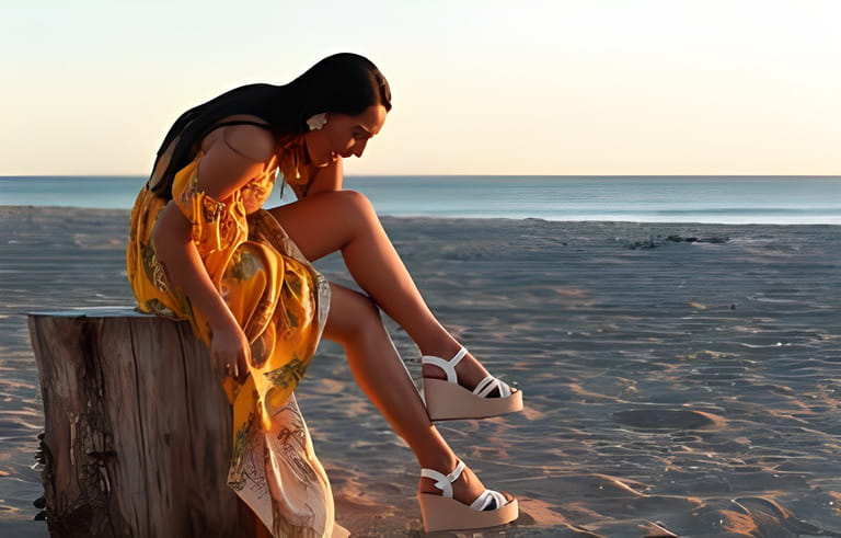 An elegant caucasian female model in a yellow dress and white wedges smiling while sitting on a stump at the beach An elegant caucasian female model in a yellow dress and white wedges smiling while sitting on a stump at the beach