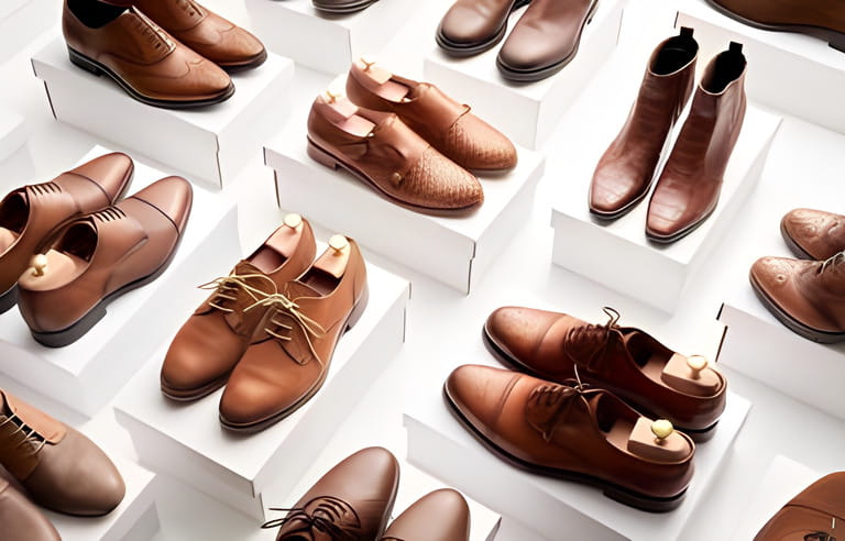 From above clean elegant shoes made of brown leather and placed on white containers From above clean elegant shoes made of brown leather and placed on white containers