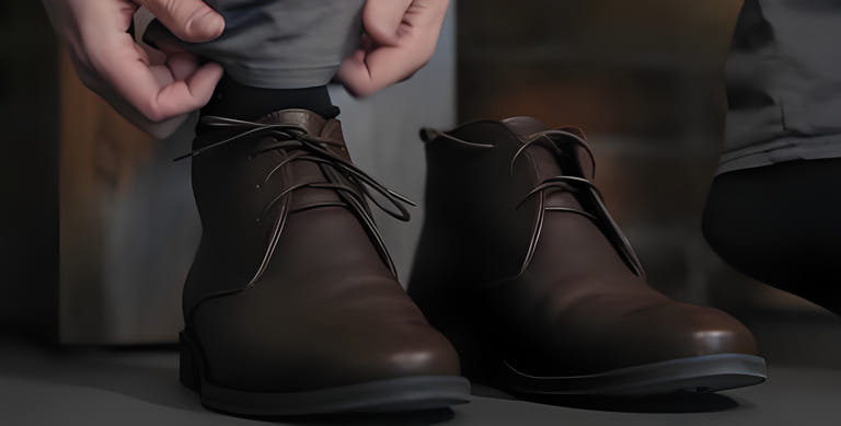 young man lace up his brown leather chukka boots indoor