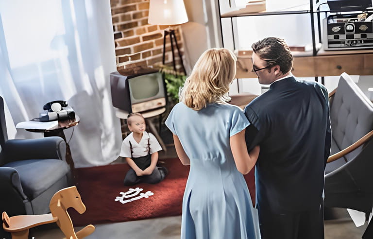 back view of parents standing together and smiling each other while cute little son playing with domino tiles, 1950s style back view of parents standing together and smiling each other while cute little son playing with domino tiles, 1950s style