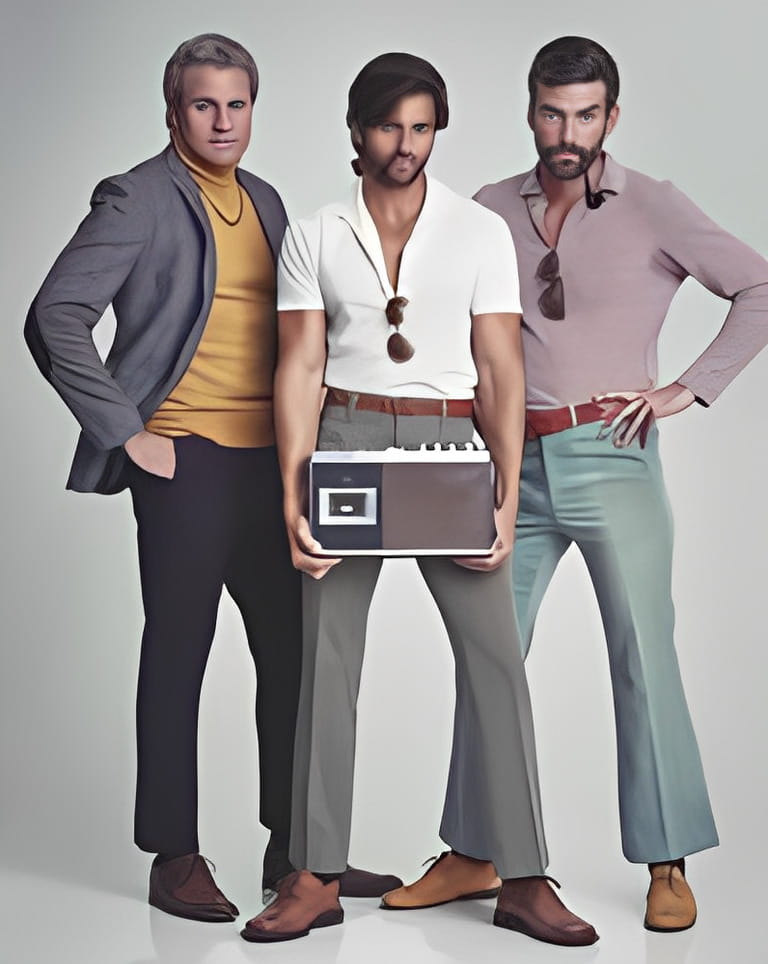 Ready to kick it retro style. A studio shot of three men clad in retro 70s wear holding a cassette player. Ready to kick it retro style. A studio shot of three men clad in retro 70s wear holding a cassette player.