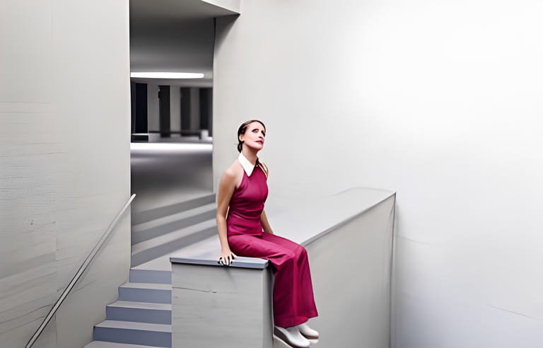 Contemplative woman wearing pink jumpsuit and sitting on wall near staircase
