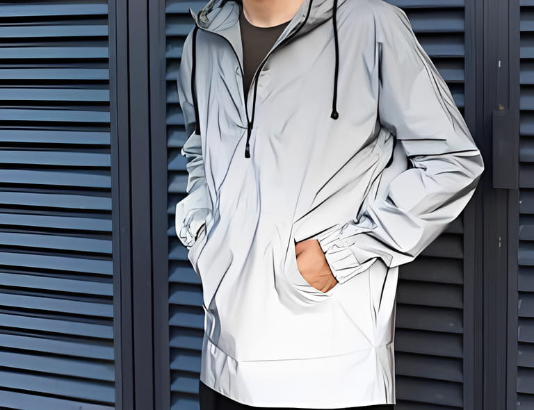 Modern materials in the fashion industry. Men's youth street fashion. Windbreaker from the rain. A man is posing in a fashionable silver jacket made of new technological materials. Part of the body. Modern materials in the fashion industry. Men's youth street fashion. Windbreaker from the rain. A man is posing in a fashionable silver jacket made of new technological materials. Part of the body.