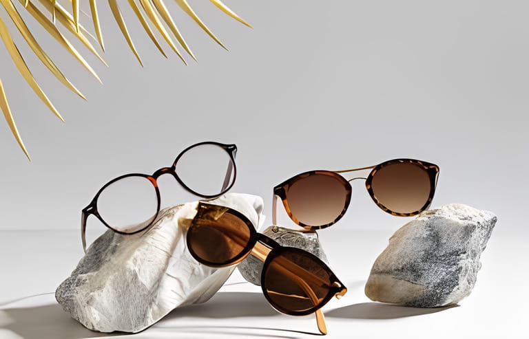 Sunglasses and glasses sale concept. Trendy sunglasses on gray background with golden palm leaves. Trendy Fashion summer accessories. Sunglasses and glasses sale concept. Trendy sunglasses on gray background with golden palm leaves. Trendy Fashion summer accessories.