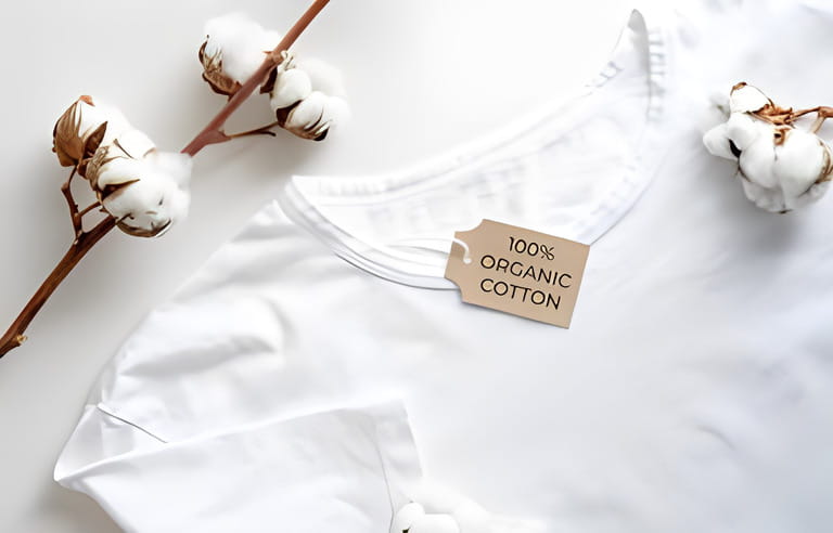 100% organic cotton white t-shirt and cotton flowers on table top view. Eco clothing, sustainable lifestyle concept