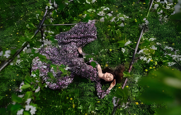beautiful woman in long dress lying on the grass in the lush garden.