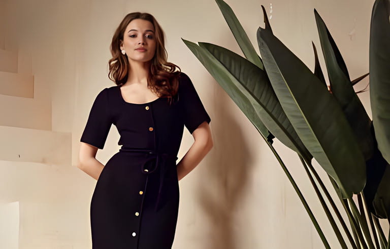 Beautiful woman brunette tanned skin natural makeup wear fashion clothes summer collection black knitted cotton dress on buttons style for summer romantic date interior stairs leaves flowerpot.