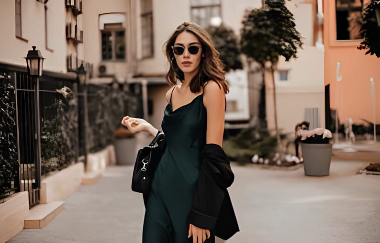 Fashionable light brown in long green dress, black jacket and sunglasses, standing on the street during the day against the background of light city buildings Fashionable light brown in long green dress, black jacket and sunglasses, standing on the street during the day against the background of light city buildings