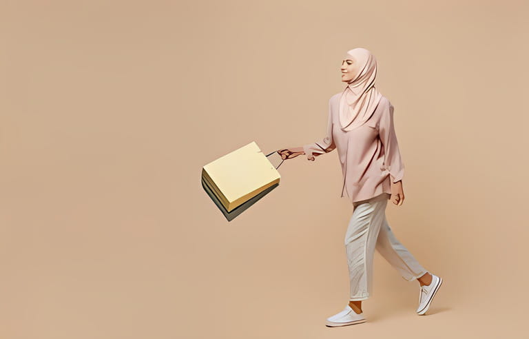 Full body young arabian asian muslim woman she wear abaya hijab pink clothes hold package bags with purchases after shopping isolated on plain light beige background People uae islam religious Full body young arabian asian muslim woman she wear abaya hijab pink clothes hold package bags with purchases after shopping isolated on plain light beige background People uae islam religious
