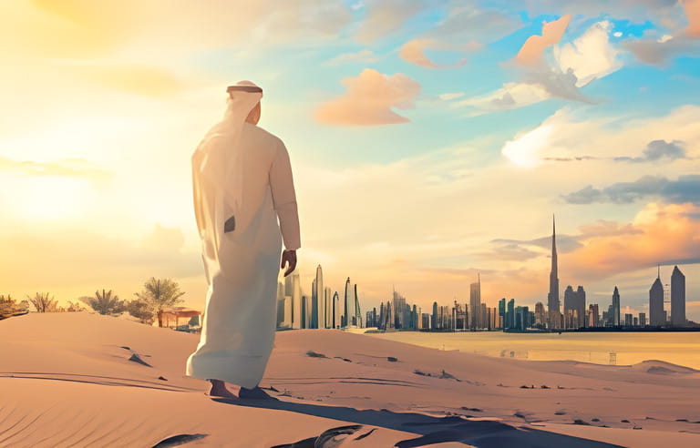 Arab man standing in front of Dubai skyline in the desert of UAE Arab man standing in front of Dubai skyline in the desert of UAE