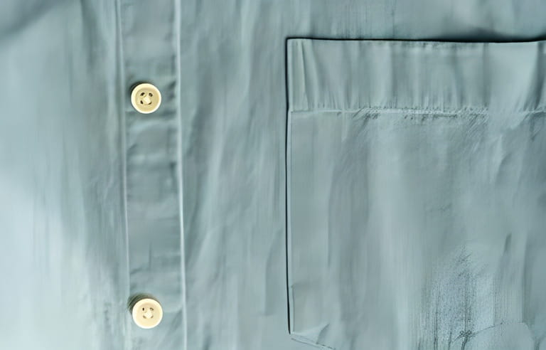Close-up of a gray shirt's buttoned placket and pocket, emphasizing the fabric's texture and sewing precision Close-up of a gray shirt's buttoned placket and pocket, emphasizing the fabric's texture and sewing precision