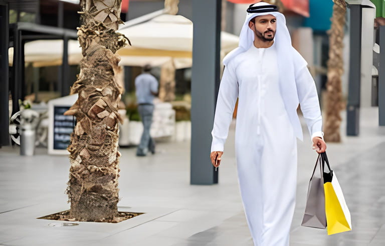 Man wearing traditional middle eastern clothing walking along street carrying shopping bags, Dubai, United Arab Emirates Man wearing traditional middle eastern clothing walking along street carrying shopping bags, Dubai, United Arab Emirates