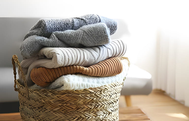 Bunch of stacked knitted pastel color sweaters with different knitting patterns perfectly folded in wicker basket on table, living room background. Fall winter season knitwear.