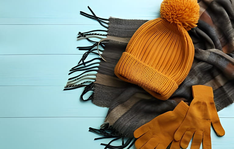 Stylish gloves, scarf and hat on light blue wooden background, flat lay. Stylish gloves, scarf and hat on light blue wooden background, flat lay.