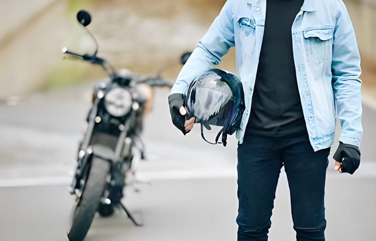 Cropped image of motorcyclist standing with helmet in hands
