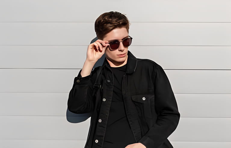 Trendy portrait fashionable young man in stylish denim black jacket in vintage sunglasses with hairstyle on sunny day near white building in city. Urban american guy fashion model posing in street.