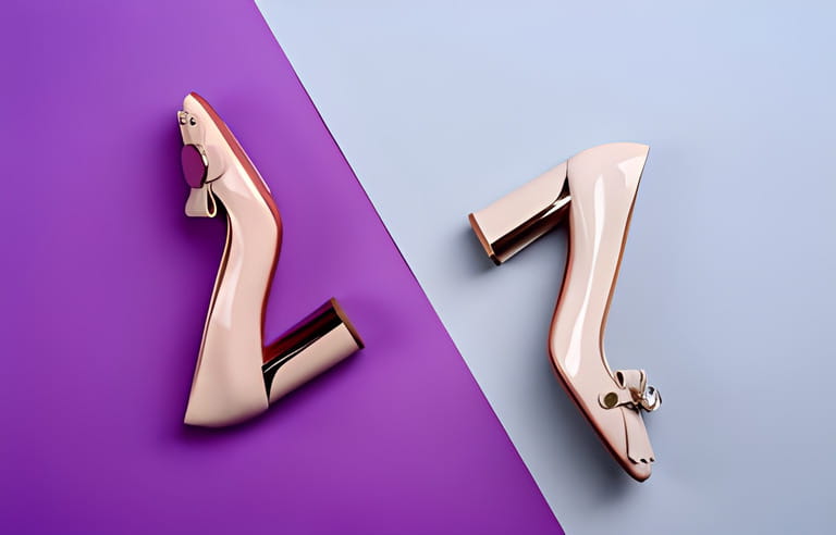 Two bold female patent leather shoes of slightly different design with block heels and red soles and decorative elements on vamps isolated on a two-color paper background. Two bold female patent leather shoes of slightly different design with block heels and red soles and decorative elements on vamps isolated on a two-color paper background.