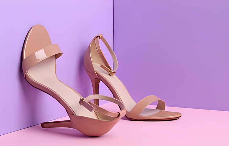 Pair of stylish high heeled shoes on color background