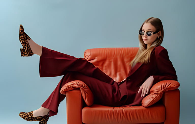 Fashionable confident woman wearing elegant marsala color suit, sunglasses, leopard print loafer shoes, posing, sitting in brown leather armchair. Studio fashion portrait. Fashionable confident woman wearing elegant marsala color suit, sunglasses, leopard print loafer shoes, posing, sitting in brown leather armchair. Studio fashion portrait.