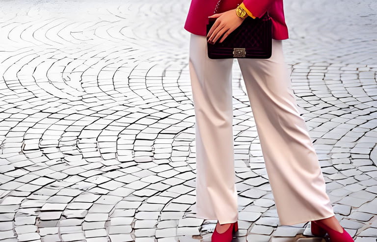 Fashion details: woman wearing white wide-leg trousers, pink blazer, wrist watch, pointed toe shoes, holding velvet violet quilted bag, posing in street of european city. Fashion details: woman wearing white wide-leg trousers, pink blazer, wrist watch, pointed toe shoes, holding velvet violet quilted bag, posing in street of european city.
