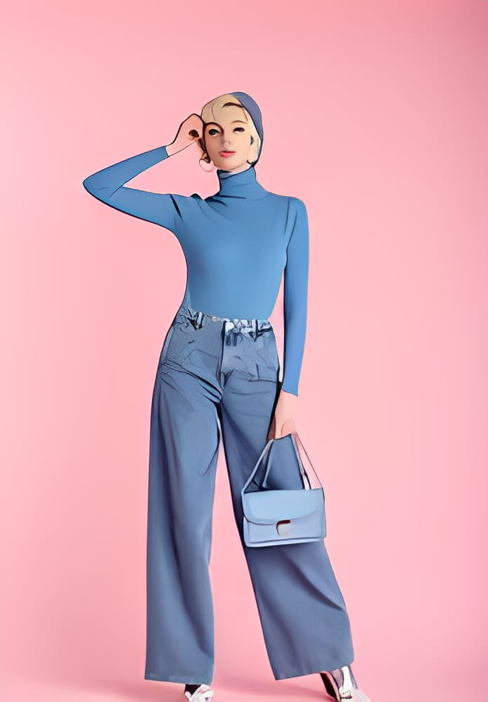 Full body fashion portrait of young elegant model wearing trendy wide leg jeans, light blue turtleneck, beret, holding small bag, posing on pastel pink background Full body fashion portrait of young elegant model wearing trendy wide leg jeans, light blue turtleneck, beret, holding small bag, posing on pastel pink background