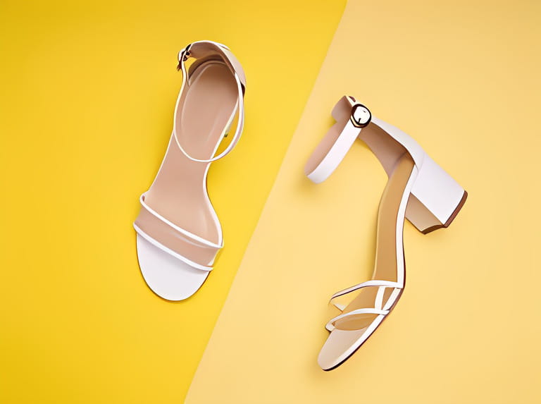 Fashionable open-toe white women's sandals with block heels, clear vamps, ankle straps and beige insoles, isolated on a yellow background. 