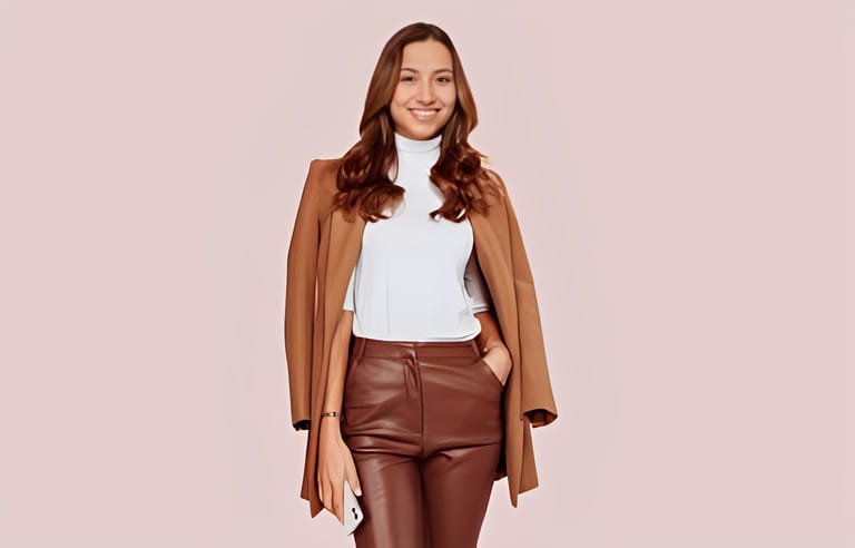 Portrait of young happy smiling businesswoman wears white turtle nec sweater, beige coat and brown leather pants, holding smart phone and posing over beige background. 