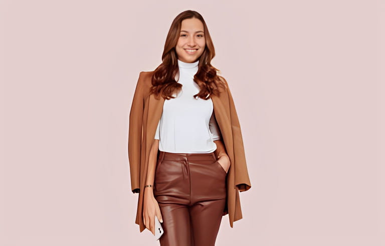Portrait of young happy smiling businesswoman wears white turtle nec sweater, beige coat and brown leather pants, holding smart phone and posing over beige background.  Portrait of young happy smiling businesswoman wears white turtle nec sweater, beige coat and brown leather pants, holding smart phone and posing over beige background.