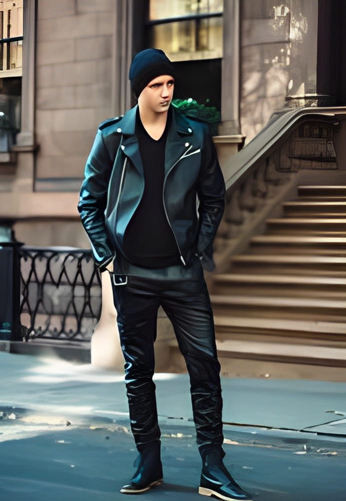 Hipster man wearing black style leather outfit with hat, pants, jacket and shoes standing on city street