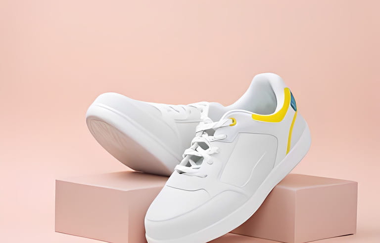 new trendy white sports sneaker on a stand on a pink background new trendy white sports sneaker on a stand on a pink background