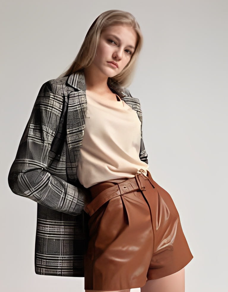 portrait of a blonde in a plaid jacket and leather shorts on a gray background