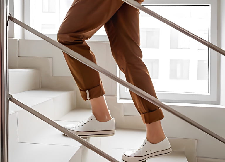 Woman in white sneakers and khaki trousers goes upstairs to her apartment. White staircase in apartment building. Woman in white sneakers and khaki trousers goes upstairs to her apartment. White staircase in apartment building.