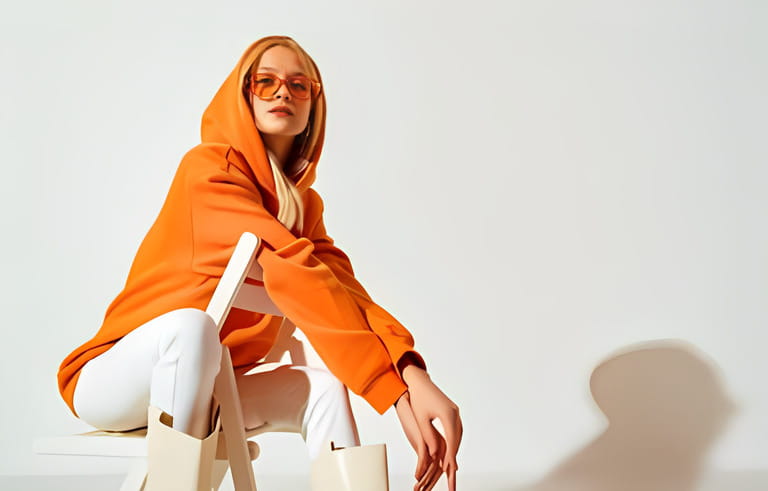 Young confident blonde girl wearing trendy orange hoodie, color sunglasses, posing on white background. Studio fashion portrait.