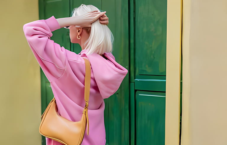 Street style, fashion details: yellow faux leather shoulder bag in trendy outfit. Woman wearing pink hoodie. Street style, fashion details: yellow faux leather shoulder bag in trendy outfit. Woman wearing pink hoodie.