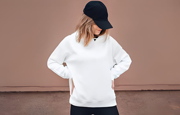 White hoodie on a young woman, mockup. Lifestyle. White hoodie on a young woman, mockup. Lifestyle.