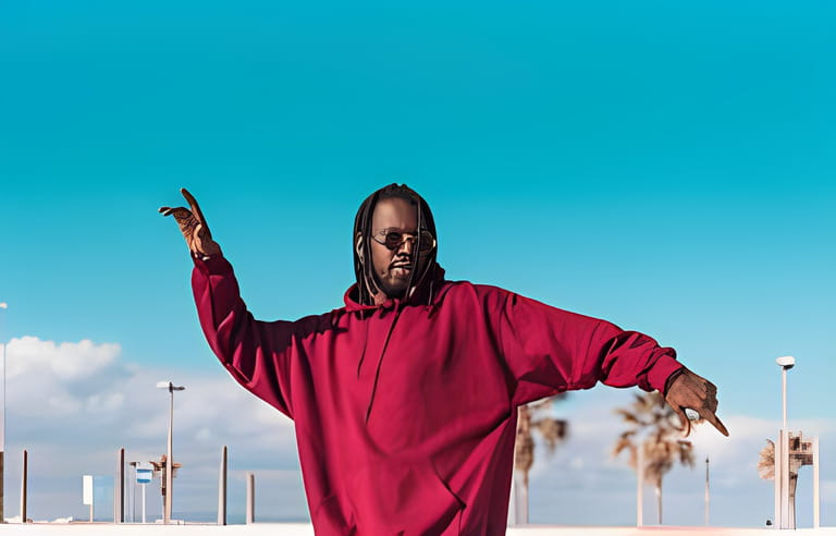 Confident african american male in red hoodie and sunglasses with dreadlocks dancing on street against blue sky
